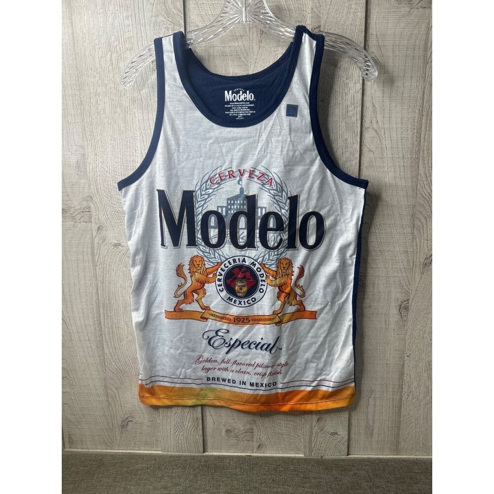 Modelo Especial Tank Top S Blue & White w/ Brewer Logo Graphic Design Summer